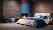 A bed with a blue pillow and coverlet is placed near a fireplace in a modern bedroom with loft interior design, featuring a brick wall