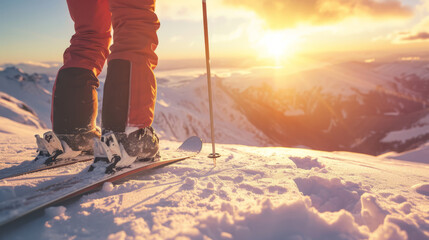 Man on mountain peak with ski looking panorama and sunset - Model by AI generative