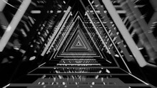 Looped 3d Animation, VFX Black And White Tunnel With Polygonal Frames, Sci-fi. Abstract Cyclic Background. Technology, VJ Concept. Led Lamp. Retro Futuristic Tunnel. Animation Of Seamless Loop