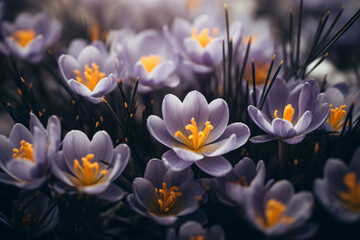 Purple crocus flowers with yellow stamens, in the style of vintage aesthetics, moody colors, fujifilm provia 400x, light indigo, naturalistic poses, close up, lush and detailed

