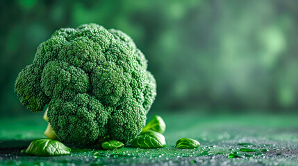 Wall Mural - cleaniFresh raw green broccoli head against texture background with water drops. Creative food concept. Healthy diet vegan organic food, vitamins, cooking ingredient. Local veng and environmental care