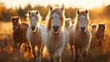 Fototapeta  - Horse herd run in sunlightwith dust at summer pasture
