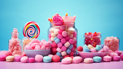Wall Mural - candies and sweets colorful background on blue background