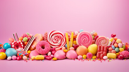 Wall Mural - pink background with candies and sweets colorful