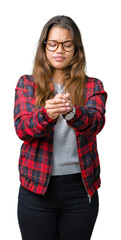 Sticker - Young beautiful brunette woman wearing jacket and glasses over isolated background Suffering pain on hands and fingers, arthritis inflammation