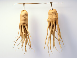 two dried ginseng roots hanging on a white background, in the style of strong facial expression created with Generative Ai