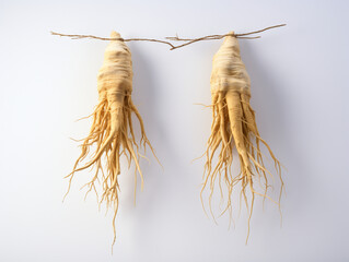 two dried ginseng roots hanging on a white background, in the style of strong facial expression created with Generative Ai