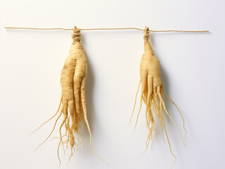 two dried ginseng roots hanging on a white background, in the style of strong facial expression created with Generative Ai