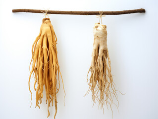 two dried ginseng roots hanging on a white background, in the style of strong facial expression created with Generative Ai