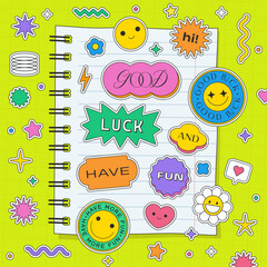 Poster - Cute Y2k Notebook Paper Page Template. Cool Note With Pop Art Stickers. Kawai Patches Illustration. Good Luck Funny Artwork.