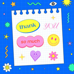 Aufkleber - Cute Y2k Notebook Paper Page Template. Cool Note With Pop Art Stickers. Kawai Patches Illustration. Thank You So Much Funny Artwork.
