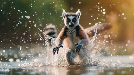 Wall Mural - Lemurs catching fish