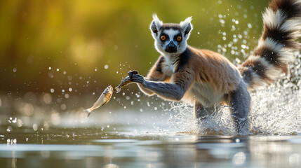 Wall Mural - Lemurs catching fish