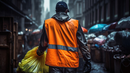 Poster - back photography of a worker wearing orange vest and gloves with trash bag created with Generative Ai