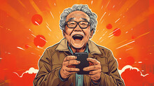 Vector Illustration Of Candid Of Old Asian Retired Man Using Mobile Phone To Transfer Money Online Or Financial Payment And Read Text, Smile Or Laugh With Happy And Positive. Senior Asian With Digital