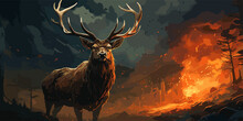 The Deer With Its Fire Horns Standing On Rocks In Winter Landscape, Digital Art Style, Illustration Painting