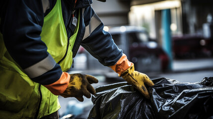 Poster - back photography of workers wearing green vest and gloves with trash bag created with Generative Ai