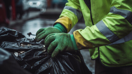 Poster - back photography of workers wearing green vest and gloves with trash bag created with Generative Ai