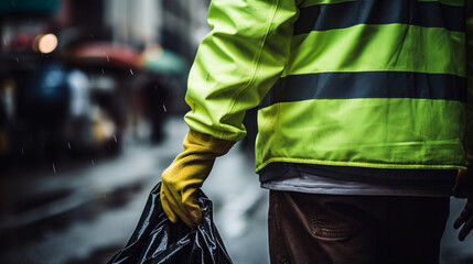 Wall Mural - back photography of workers wearing green vest and gloves with trash bag created with Generative Ai