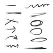 © Irina Ivanuk - Vector brush in hand drawn style. Set of coal arrows vector icons. Hand drawn drawings of various curved lines, arrow curls. Direction signs on a white background.