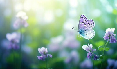 Poster - Butterfly on clover flower in spring in summer in rays