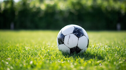 a soccer ball sits on the green grass and there is a white line created with Generative Ai