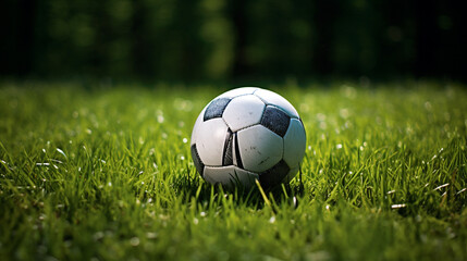 a soccer ball sits on the green grass and there is a white line created with Generative Ai