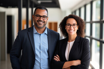 Happy confident business team people two Latin and African American colleagues standing in office