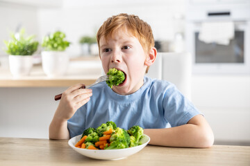 Wall Mural - A little boy is having lunch and eating broccoli