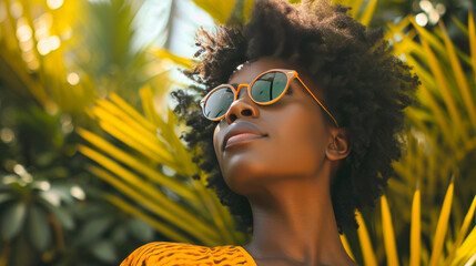 Lifestyle portrait of young black woman wearing glasses and yellow shirt on blurred palm leaf background.