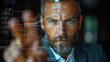 © Jerome Mettling - Homme d'affaires appuyant sur une interface virtuelle. Businessman pressing on a virtual interface.