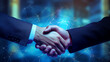 © Andrii Yablonskyi - business handshake photo blue bokej background created with Generative Ai