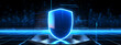 Cyber security concept: Shield With Keyhole icon on digital data background. Illustrates cyber data security or information privacy idea. Blue abstract hi speed internet technology.