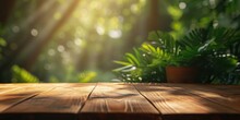 Blank Empty Wooden Table For Products With Green Summer Spring Plants Blurred Background