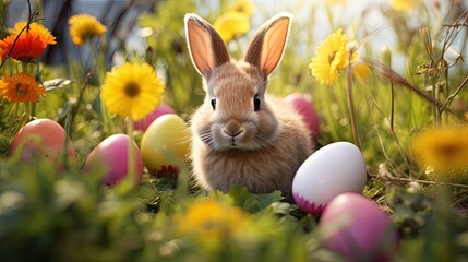 cute brown bunny hiding on green grass with colorful easter eggs background