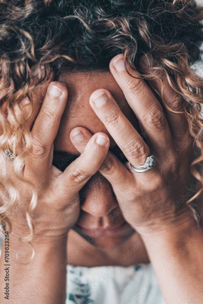 Bad emotions and problems for a worried and desperate woman holding ...