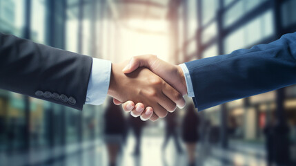 business handshake photo blurred office in the background created with Generative Ai