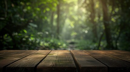 Blank empty wooden table for products with green summer spring plants blurred background