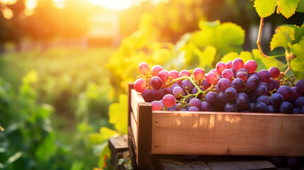 Wall Mural - Harvest season. Big wooden box full of freshly grapes standing in fruit garden