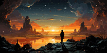 Boy Standing And Looking At The Magic Rocks Floating In The Sky, Vector Illustration