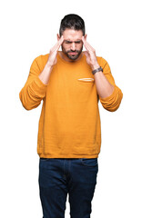 Wall Mural - Young handsome man over isolated background with hand on head for pain in head because stress. Suffering migraine.