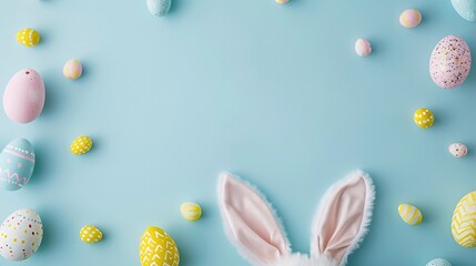 Easter party concept. Top view photo of easter bunny ears white pink blue and yellow eggs on isolated pastel blue background with copyspace in the middle