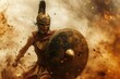 Artistic studio shot of a young female Spartan warrior in mid-combat pose, against a backdrop of a dynamic battle scene..