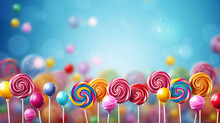 Lollipops Candy Border Background. Hard Candies On Stick