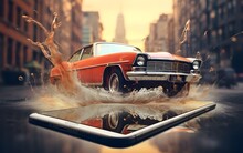 Illustration Of Vintage Car On Tablet Screen With Water Splash