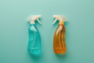 Two spray bottles of blue and orange cleaning liquids on turquoise background. Product mockup for hygiene supplies. Flat lay composition. Spring cleaning concept. Housework, household