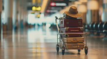 Stack Suitcases Of Varying Sizes And Colors With A Straw Hat On Top, Placed On A Luggage Trolley