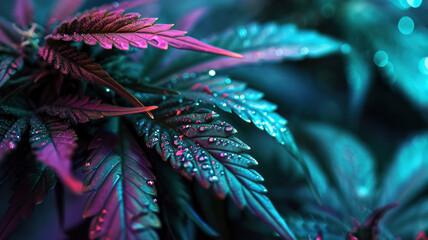 neon marijuana leaves close up shiny leaves of flowering cannabis bushes