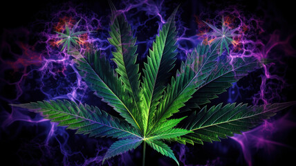 Wall Mural - marijuana leaves close up glowing neon shiny leaves of flowering cannabis bushes on psychedelic background