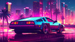 Synthwave styled car on road with tropical palm trees around. Postproducted generative AI illustration.